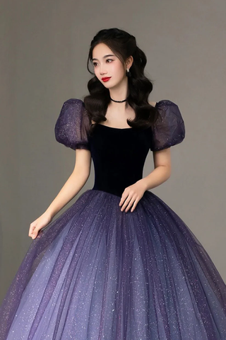 Vestido formal de tul morado de manga corta, bonito vestido de noche de corte A Y4291