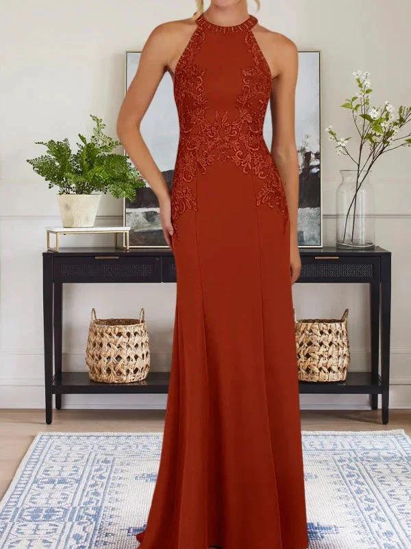 Dusty Blue Sheath Halter Long Mother of Bride Dress With Appliques by Dreamylily