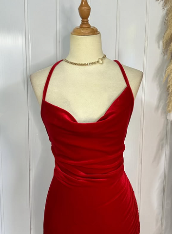 Vestido de noche rojo sexy de terciopelo con tirantes finos y corte sirena, vestido de fiesta Y7816