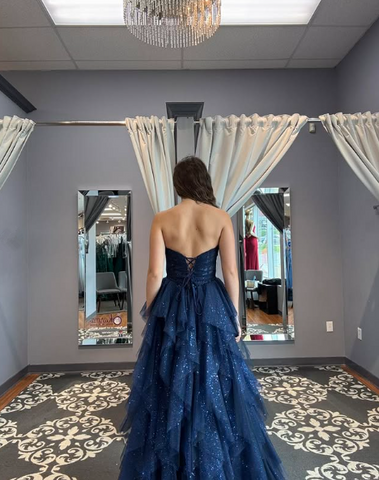 Sparkly Tulle Sequins Evening Dress Navy Blue A Line Prom Dress Y8146
