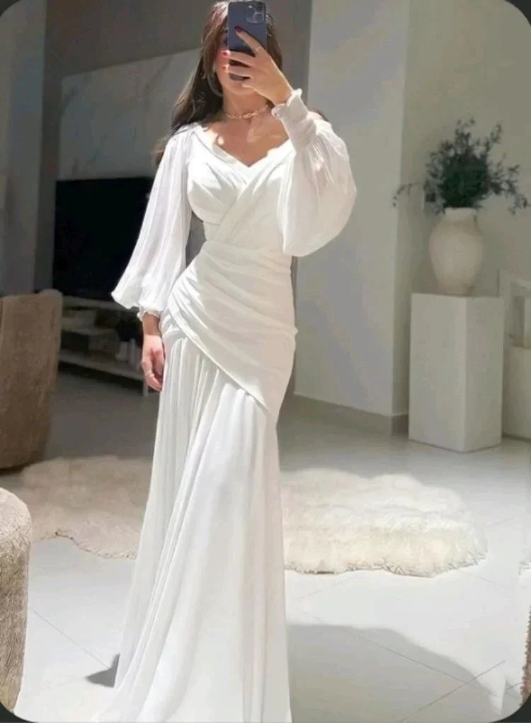 Modest White Mermaid Long Evening Dress with Puff Sleeves Y4074 by simplepromdress
