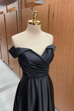 Off Shoulder Black Satin Long Prom Dress, Long Black Formal Graduation Evening Dress Y201