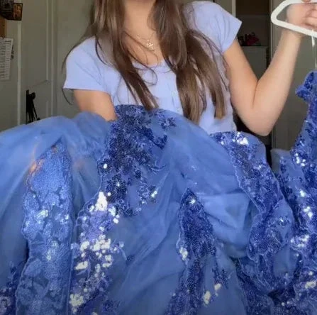 Sparkly Blue Tulle Sequins Layered Evening Dress Formal Slit Prom Dress Y7961 by simplepromdress