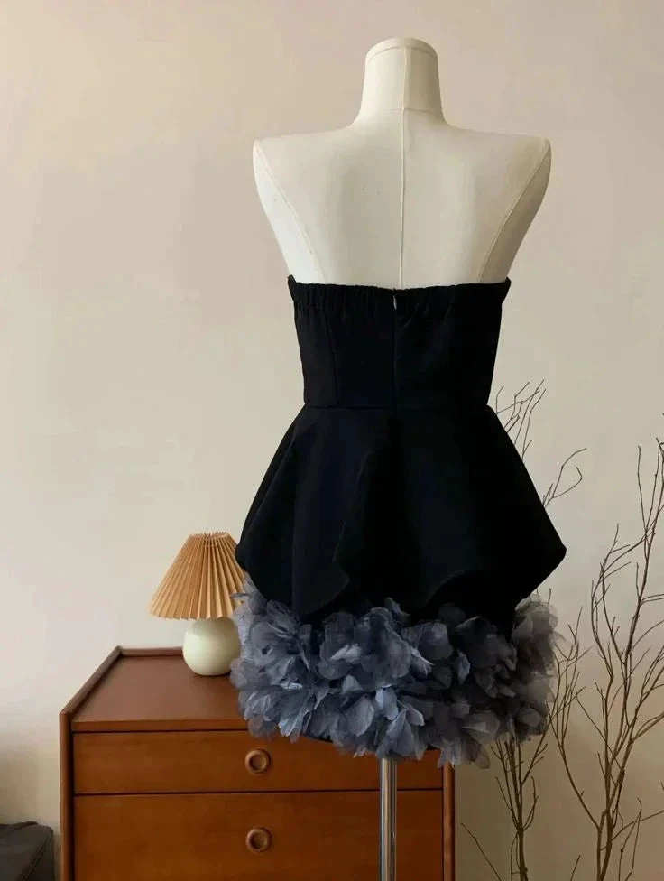 Black Strapless Tulle 3D Floral Cocktail Dress Strapless Homecoming Dress Y8105 by simplepromdress