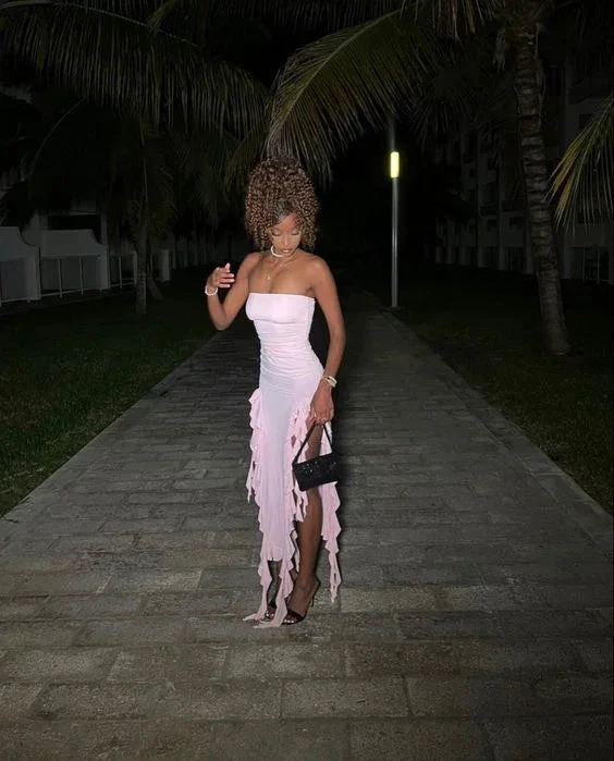 Pink Strapless Ruffle Evening Dress Women Sexy Bodycon Fringe Elegant Sleeveless Backless Holiday Club Party Dress Y6438 by simplepromdress