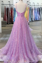 Shiny V Neck Backless Long Purple Prom Dress Backless Purple Formal Graduation Evening Dress Y917