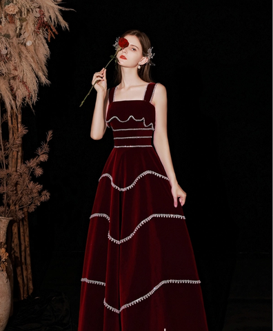 Chic Red Velvet A-line Evening Dress Y4511