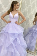 V Neck Backless Fluffy Lilac Long Prom Dress Backless Lilac Formal Evening Dress Y910 by simplepromdress