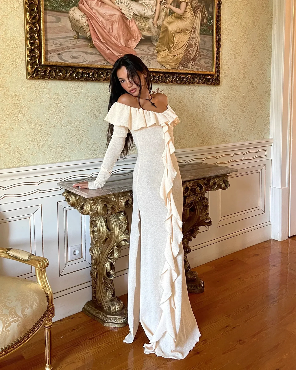 Classy Off The Shoulder Ruffles Cream Long Prom Dress Slit Party Evening Dress Y7975 by simplepromdress