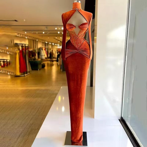Classy Burnt Orange Velvet Long Evening Dress Pageant Dress Y991