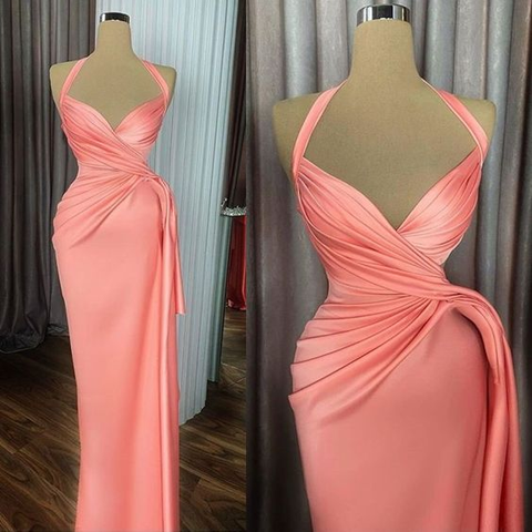 Pfirsichfarbenes Ballkleid mit Falten, Neckholder-Ballkleid, Satin-Abendkleid Y6619
