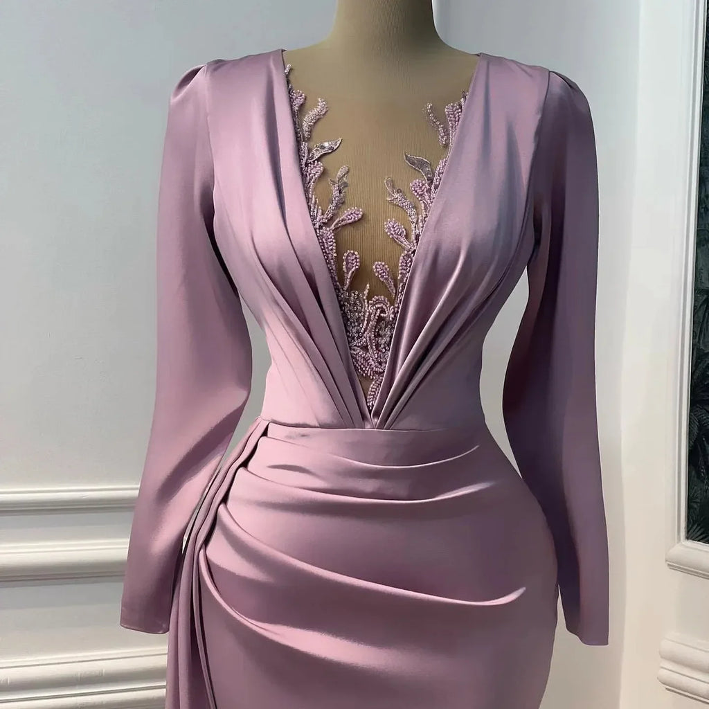Vintage Purple Prom Dress Long Sleeve Illusion V-neck Mermaid Evening Dress Floor Length Y6647 by simplepromdress