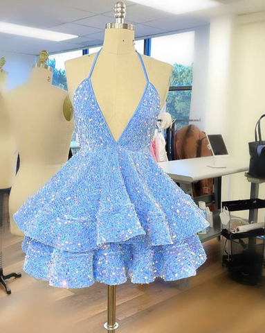 Blue Sequin Short Party Dress Homecoming Dress Y1408