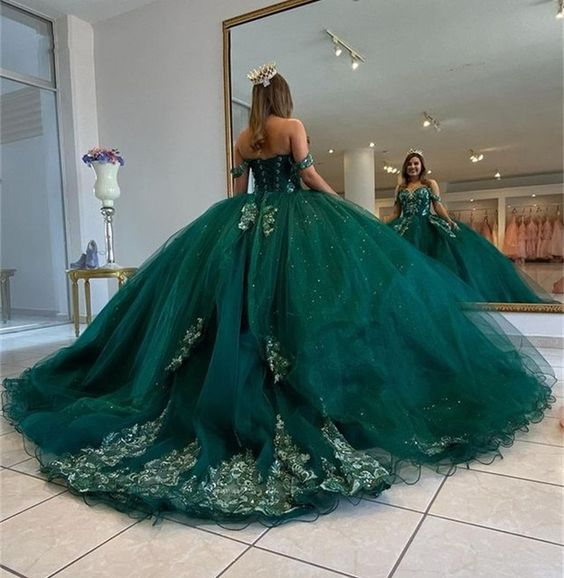 Emerald Green Quinceanera Dresses for Sweet 15 Year Ball Gown Sexy Off the Shoulder Puffy Lace Appliques Princess Dress Y6596 Hover Image