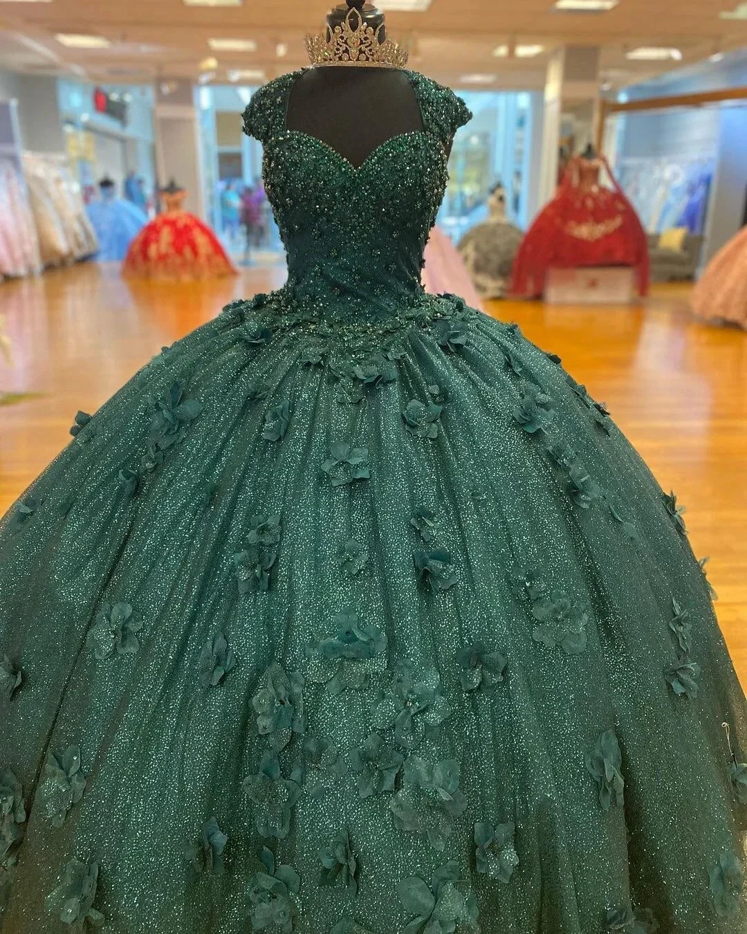 Green Princess Ball Gown Quinceanera Dresses Sweet 15 Party 3D Flowers Lace Applique Crystal Beads Sequin Birthday Gowns Y606 by simplepromdress