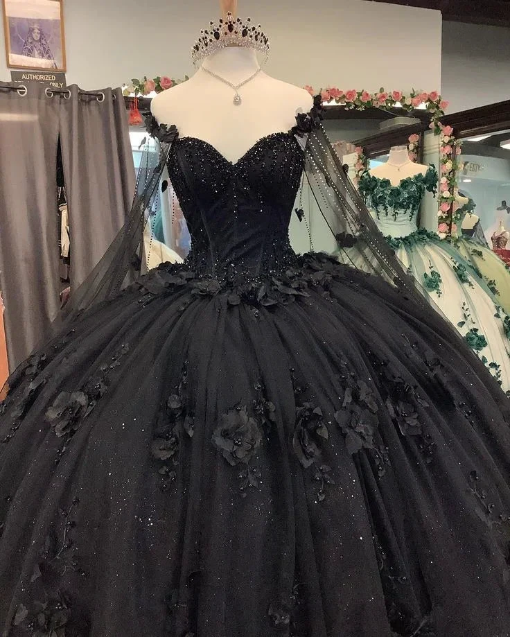 Black Ball Gown Quinceanera Dresses with Flowers,Sweet 16 Dresses Y5753 by simplepromdress