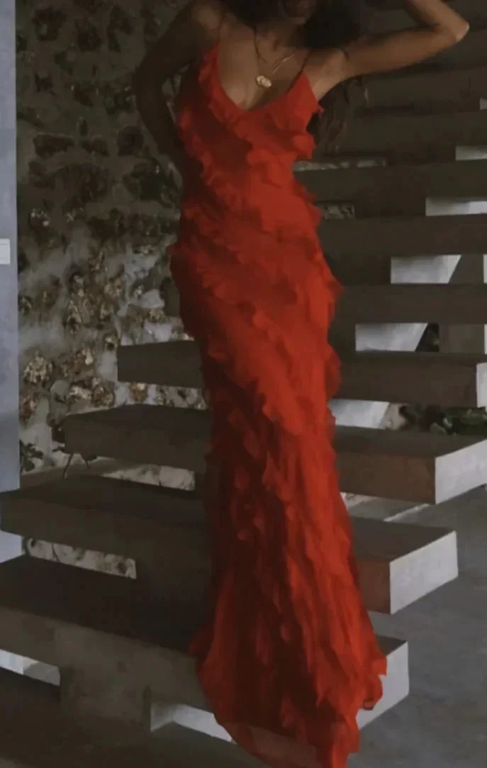 Red Ruffles Long Formal Prom Dress Elegant Evening Dress Y7979 by simplepromdress