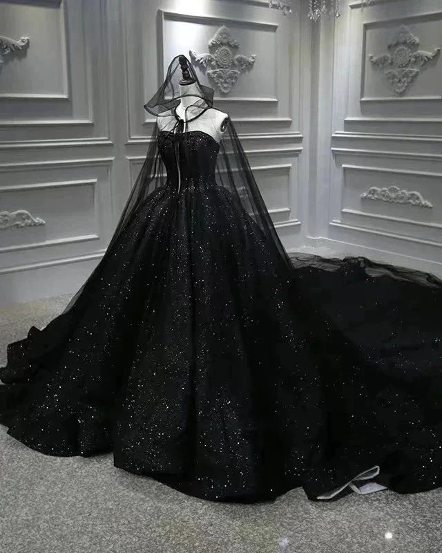 Sequin Shiny Strapless Black Ball Gown Princess Prom Dresses Y56 by simplepromdress