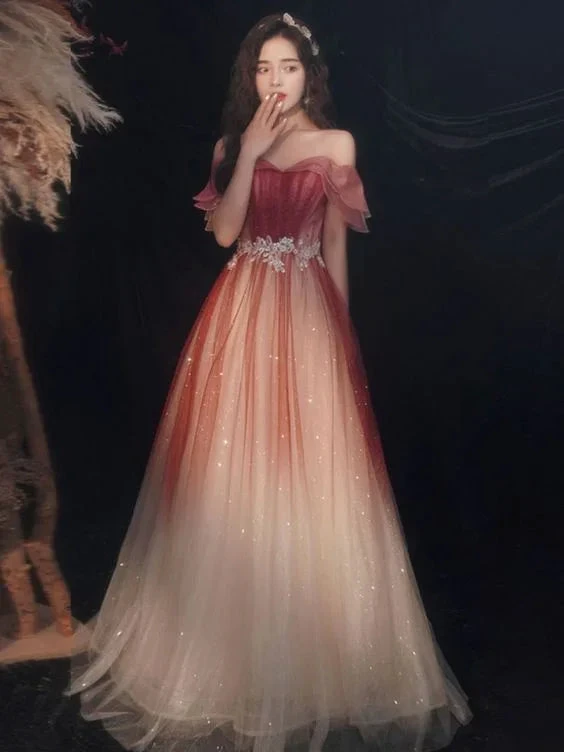 Cute Tulle Sequins Long Prom Dresses A-Line Ombre Evening Dresses Y5850 by simplepromdress