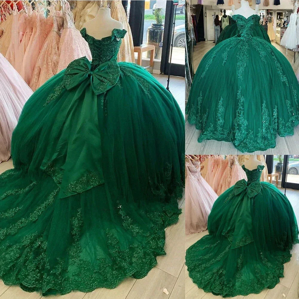 Off Shoulder Lace Tulle Quinceanera Dresses Dark Green Applique Ball Gown Y4080 by simplepromdress
