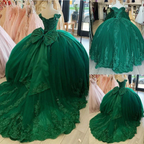Off Shoulder Lace Tulle Quinceanera Dresses Dark Green Applique Ball Gown Y4080 by simplepromdress