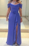 Lavender Side Split Mother of the Bride Dresses Pleated Wedding Guest Dress Off Shoulder Neckline Chiffon A Line Evening Dress Y6050 by simplepromdress