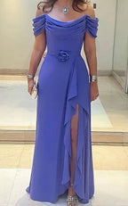 Lavender Side Split Mother of the Bride Dresses Pleated Wedding Guest Dress Off Shoulder Neckline Chiffon A Line Evening Dress Y6050 by simplepromdress
