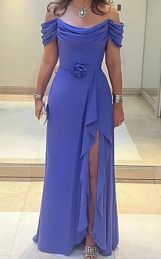 Lavender Side Split Mother of the Bride Dresses Pleated Wedding Guest Dress Off Shoulder Neckline Chiffon A Line Evening Dress Y6050 by simplepromdress