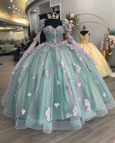 Vestido de quinceañera estilo princesa con escote corazón y cuentas, con flores 3D, Y2982