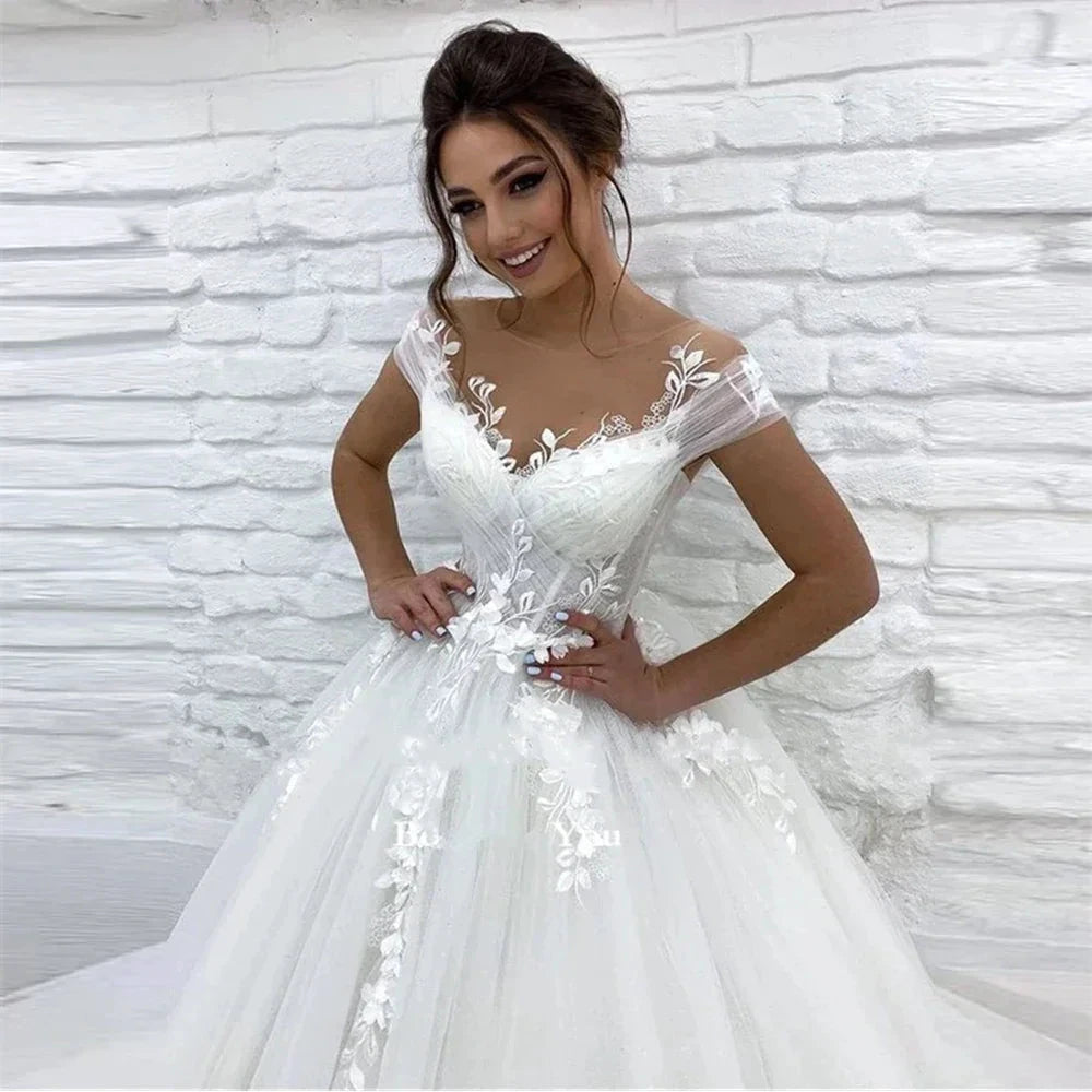 Ramanda Elegant V-Neck Sleeveless Wedding Dress For Bride 2023 A-Line Floral Lace Appliques Buttons Back Vestido De Novia by payinti