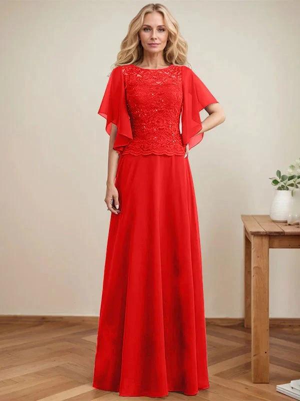 A-line Scoop Illusion Floor-Length Lace Chiffon Mother of the Bride Dress With Sequins by Dreamylily