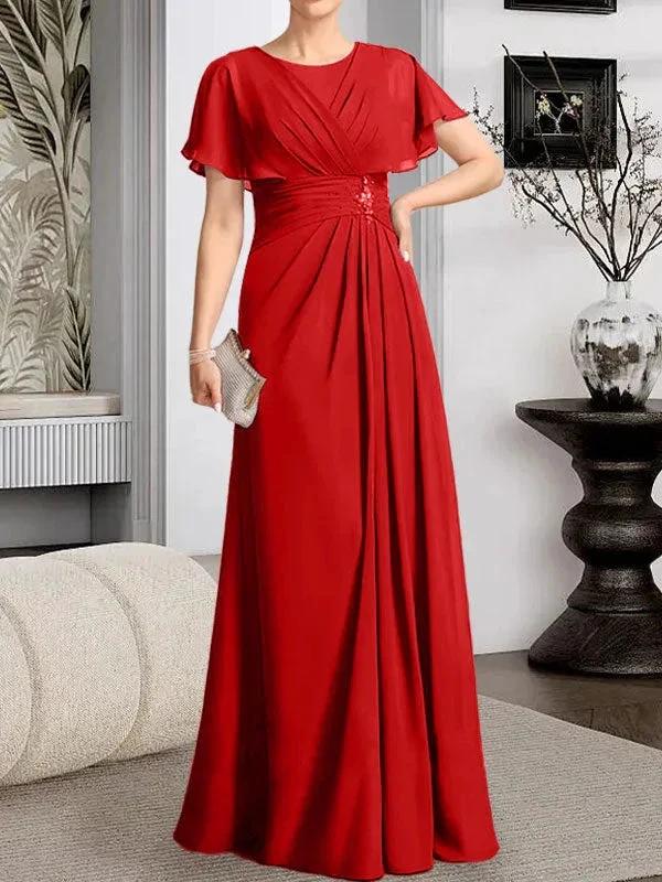 A-line Scoop Floor-Length Chiffon Mother of the Bride Dress With Pleated Beading by Dreamylily
