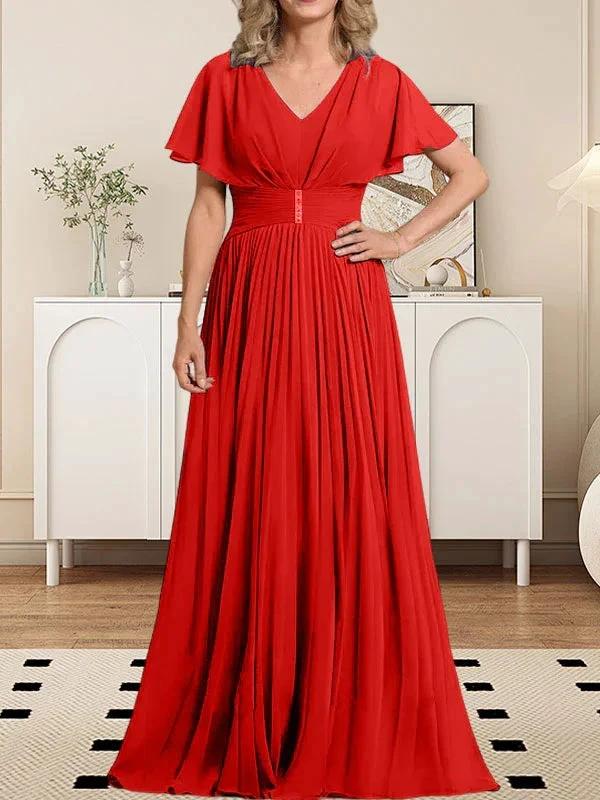 A-line V-Neck Floor-Length Chiffon Mother of the Bride Dress With Crystal Brooch Pleated by Dreamylily