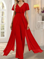 Jumpsuit/Pantsuit V-Neck Floor-Length Chiffon Evening Dress