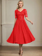 A-line V-Neck Tea-Length Lace Chiffon Mother of the Bride Dress With Sequins by Dreamylily