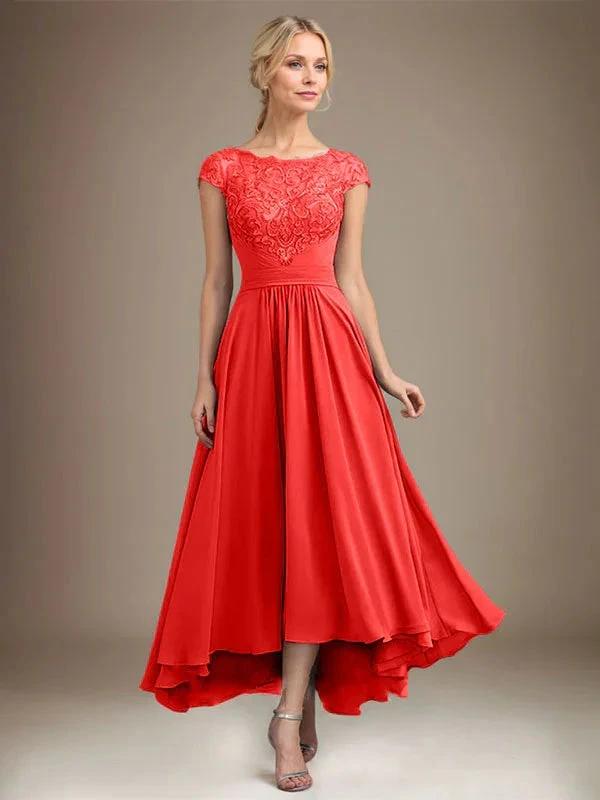A-line Scoop Illusion Asymmetrical Lace Chiffon Mother of the Bride Dress With Pleated by Dreamylily