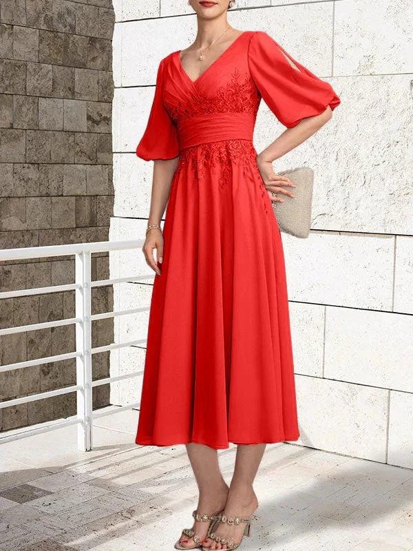 A-line V-Neck Tea-Length Lace Chiffon Mother of the Bride Dress With Pleated by Dreamylily
