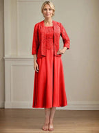 A-line Scoop Tea-Length Lace Chiffon Mother of the Bride Dress by Dreamylily