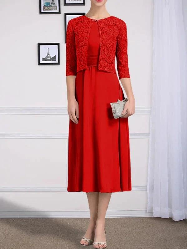 A-line Scoop Tea-Length Chiffon Mother of the Bride Dress With Pleated by Dreamylily