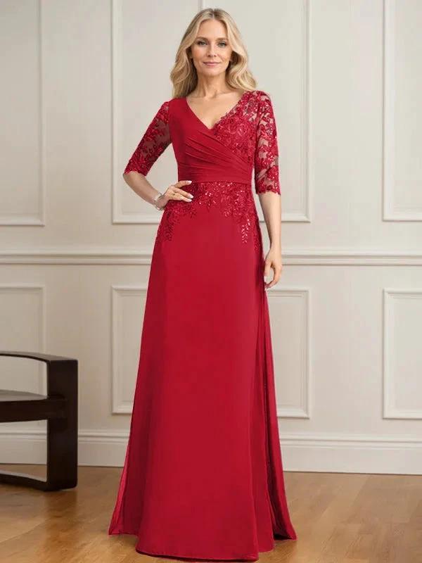 A-line V-Neck Floor-Length Lace Chiffon Mother of the Bride Dress With Pleated Sequins by Dreamylily