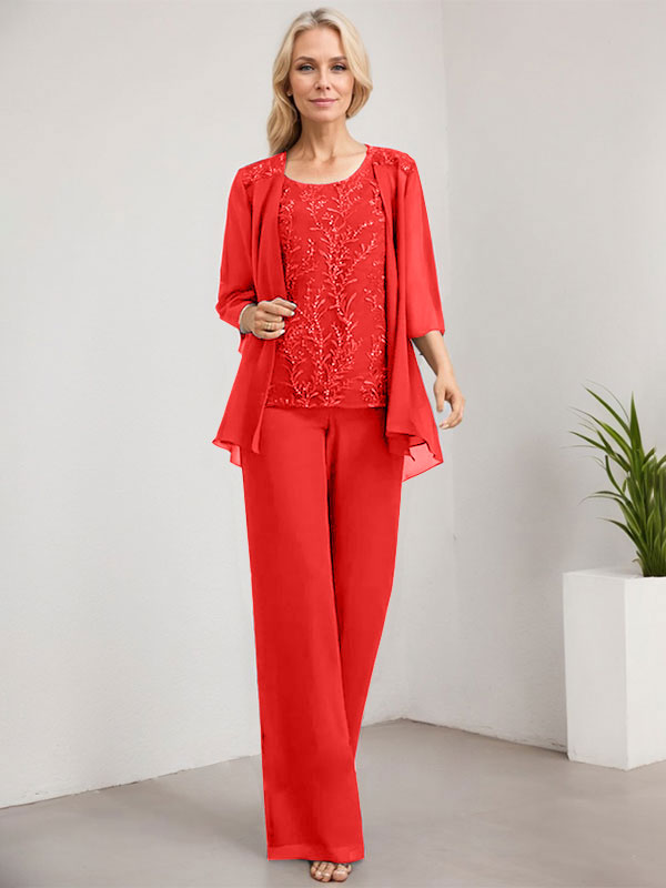 Separates Jumpsuit/Pantsuit Scoop Floor-Length Lace Chiffon Mother of the Bride Dress With Sequins