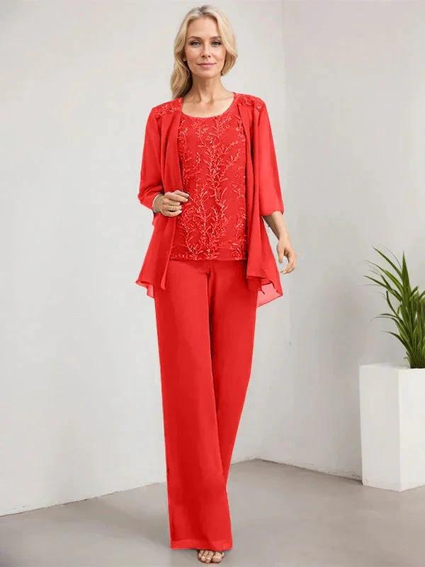 Separates Jumpsuit/Pantsuit Scoop Floor-Length Lace Chiffon Mother of the Bride Dress With Sequins by Dreamylily