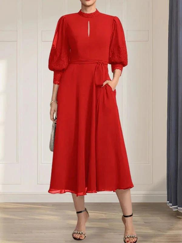 A-line High Neck Tea-Length Lace Chiffon Mother of the Bride Dress With Bow by Dreamylily
