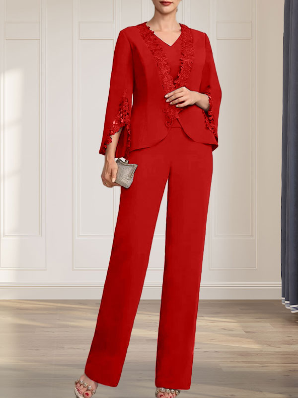 Separates Jumpsuit/Pantsuit V-Neck Floor-Length Chiffon Mother of the Bride Dress