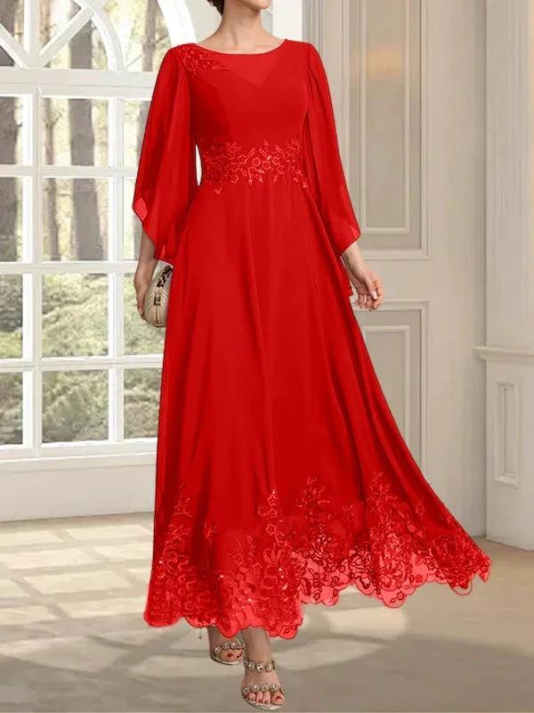 A-line Scoop Illusion Ankle-Length Lace Chiffon Mother of the Bride Dress With Sequins by Dreamylily