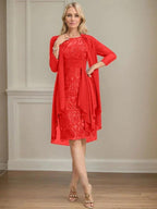 Sheath/Column Scoop Illusion Knee-Length Lace Chiffon Mother of the Bride Dress With Cascading Ruffles Sequins by Dreamylily