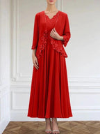 A-line V-Neck Ankle-Length Chiffon Mother of the Bride Dress With Sequins Appliques Lace Beading by Dreamylily