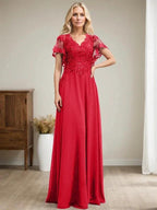 A-line V-Neck Floor-Length Lace Chiffon Mother of the Bride Dress With Sequins by Dreamylily