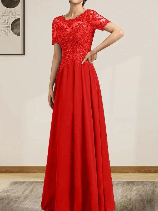 A-line Scoop Illusion Floor-Length Chiffon Lace Mother of the Bride Dress With Sequins Beading by Dreamylily