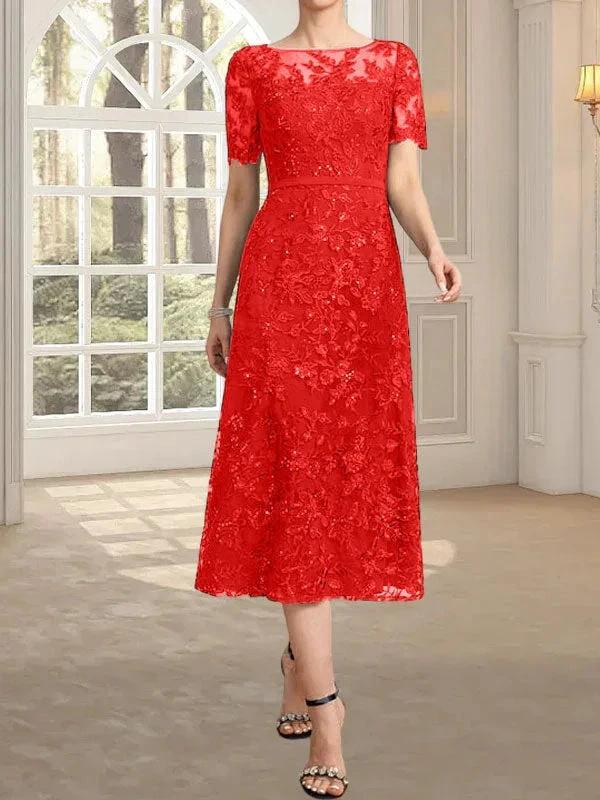 A-line Scoop Illusion Tea-Length Lace Mother of the Bride Dress With Sequins by Dreamylily